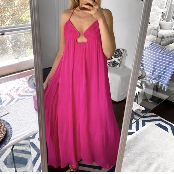 ZARA sz XS LIMITED Fuchsia Pink Voluminous Chiffon Maxi Cutout Open Back Dress - Picture 2 of 16